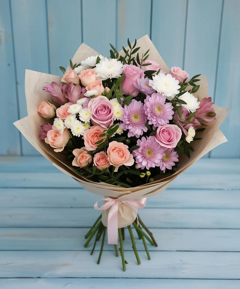 Букет цветов из: Хризантемы, Розы и Альстромерии в Старовеличковской
