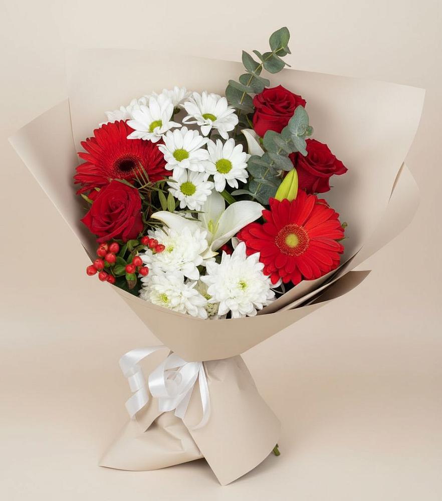 Букет цветов из: Розы, Хризантемы, Герберы и Лилии в Старовеличковской