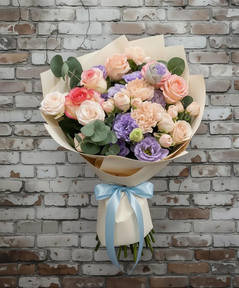 Букет цветов из: Розы, Лизиантусы и Гвоздики в Старовеличковской