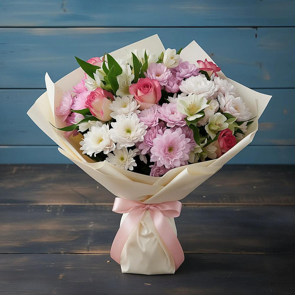 Букет цветов из: Хризантемы, Альстромерии и Розы в Старовеличковской